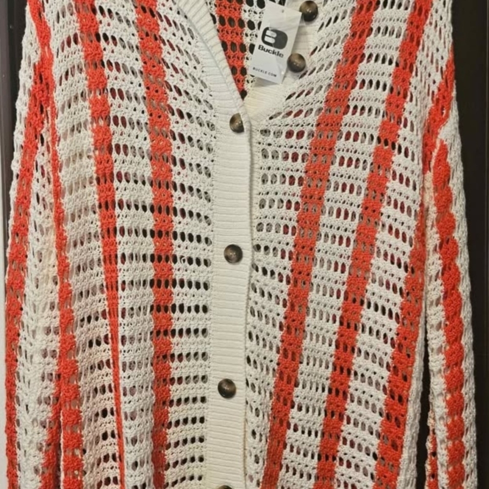 Buckle Women's Open-Knit Cardigan - Cream and Orange
